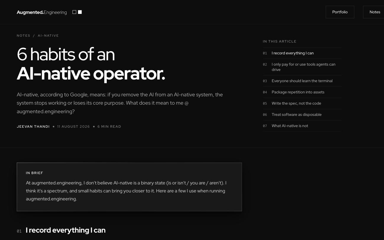 The shipped article template in the browser, showing the first Notes post with the same layout as the artboard.