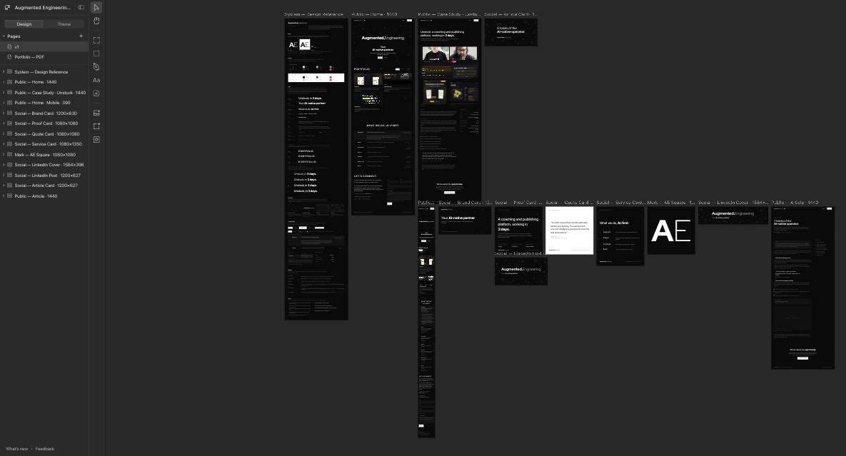 The Augmented Engineering brand file in Paper, zoomed out: the design reference board, the page designs and the social card set.