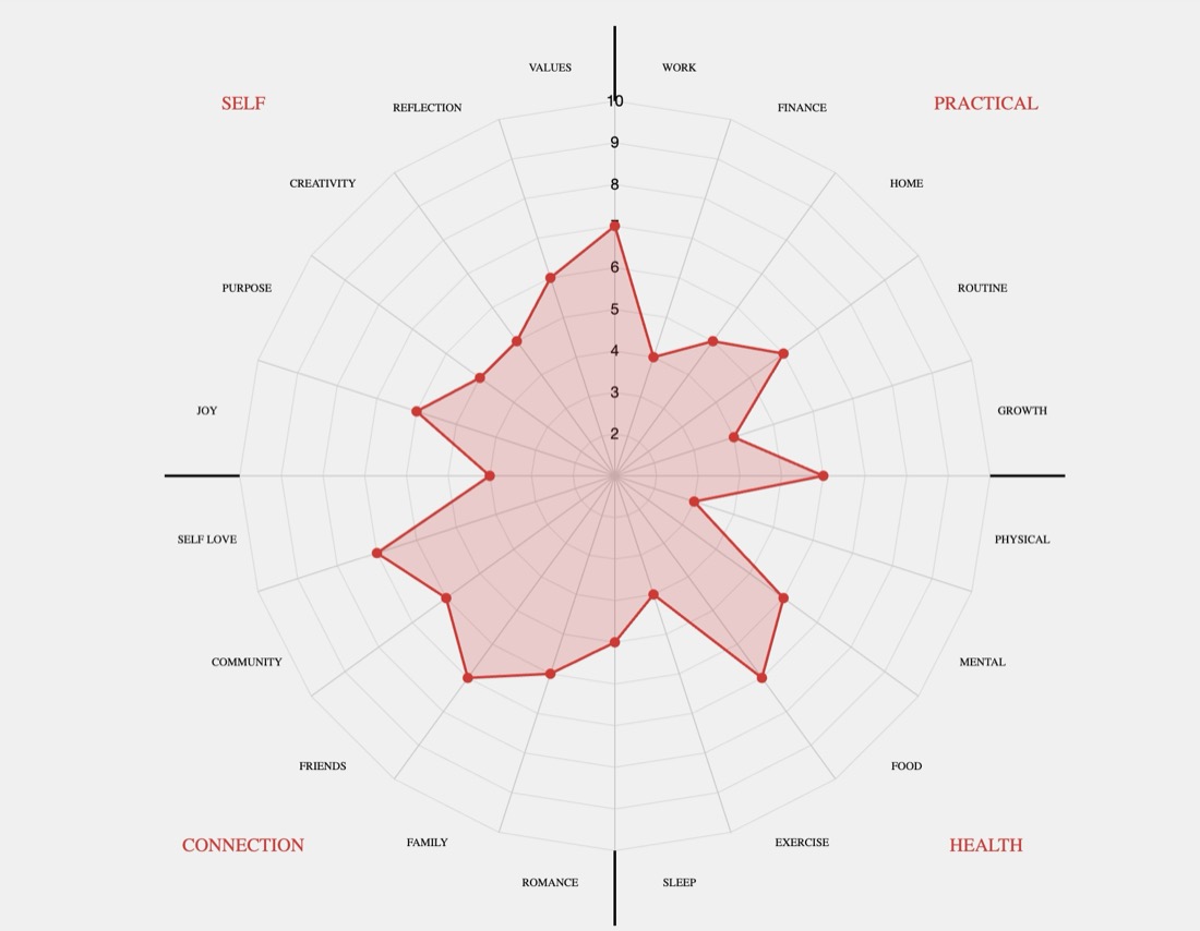 The old result: a 20-spoke radar chart at a charting library's default styling, a spiky pink polygon with red dots over a grey web grid.