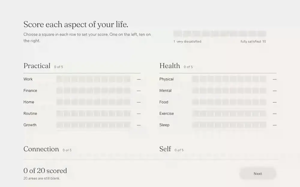 The rebuilt Life Audit in use: 20 areas scored on one screen, then a name and email, then the wheel drawing itself in segment by segment.