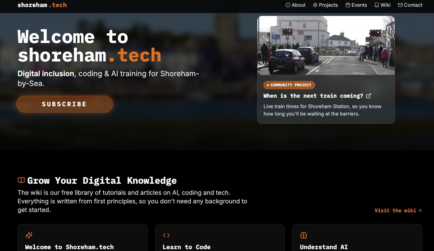 The shoreham.tech home page, with the wordmark, a live train times community project card and the wiki section.