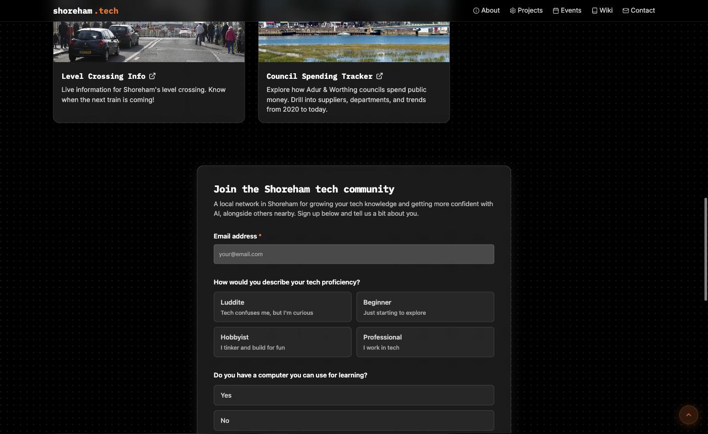 The community projects section: Level Crossing Info and the Council Spending Tracker.