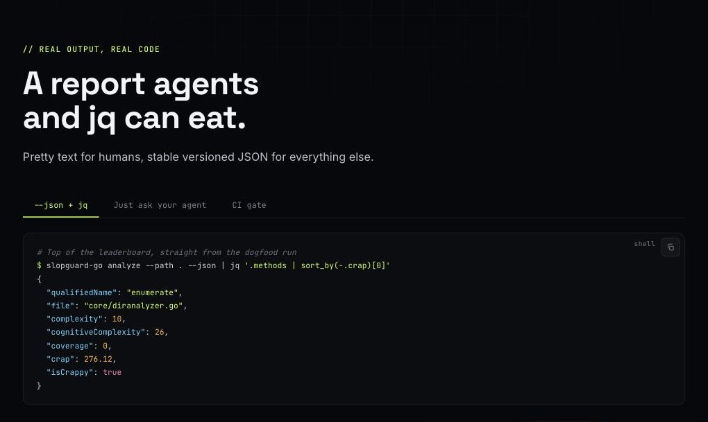 Example output: a shell command piping SlopGuard's JSON through jq to return the worst-scoring method.