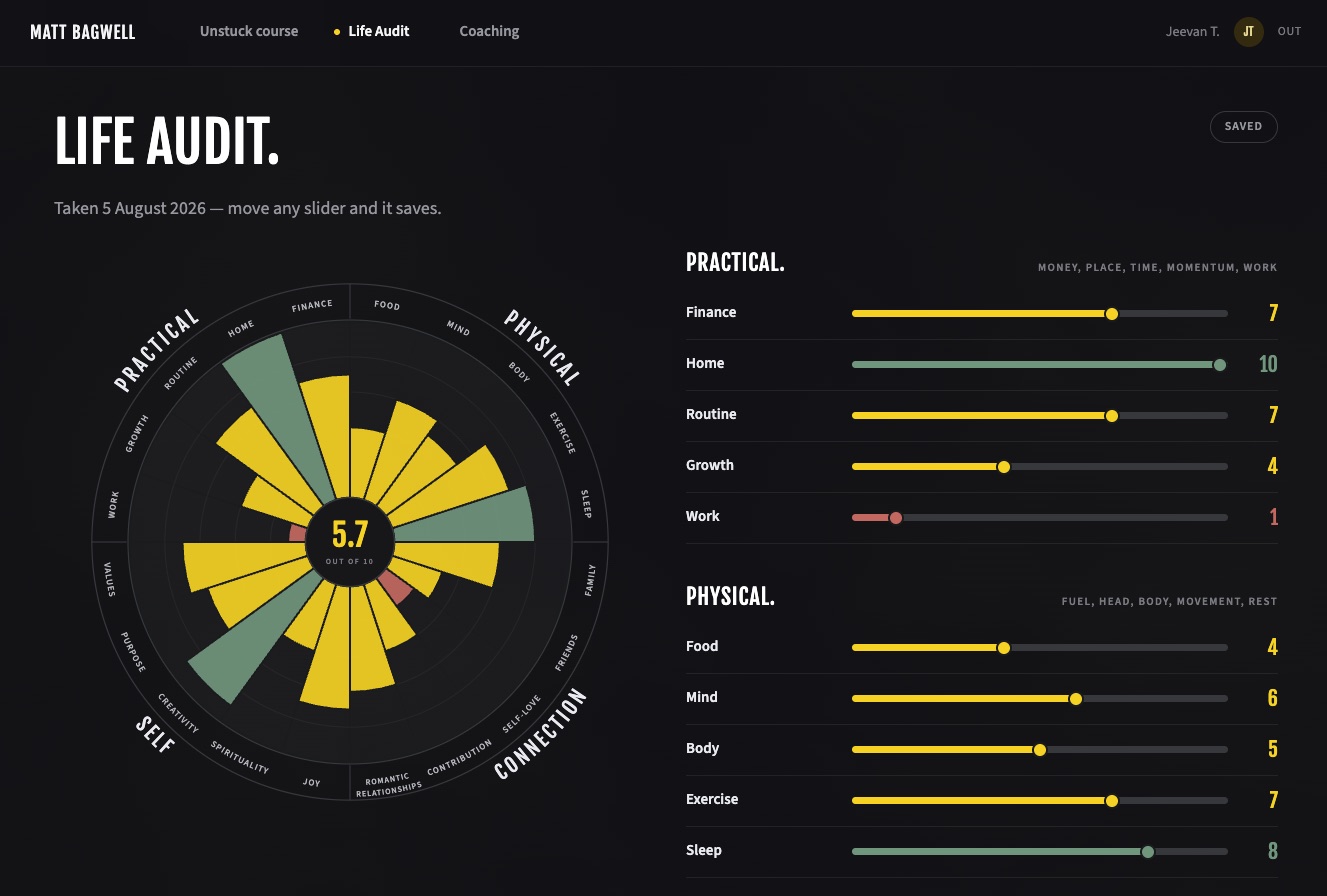 The Life Audit tool: 20 sliders across 4 quadrants, feeding a scored results wheel.