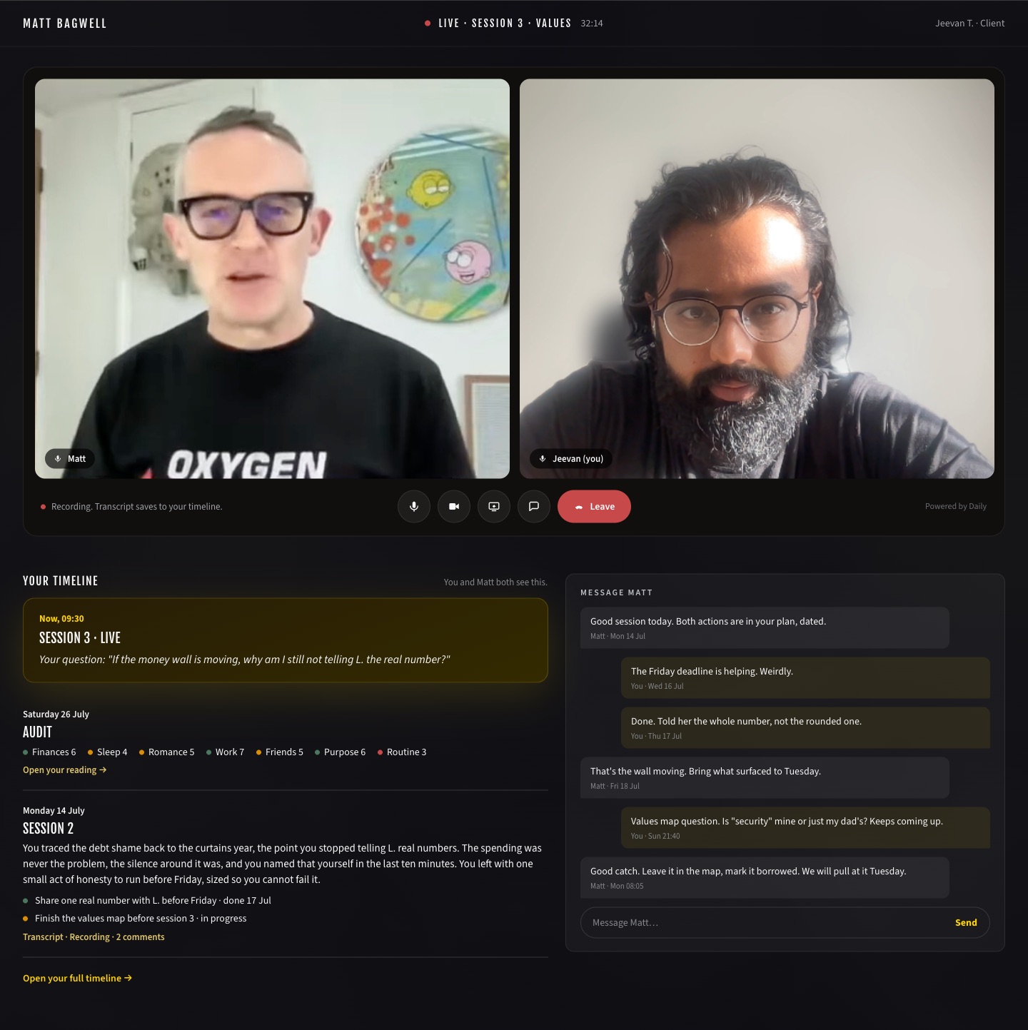 A live coaching session inside the Unstuck platform: 2 participants on video, with recording and transcription running.