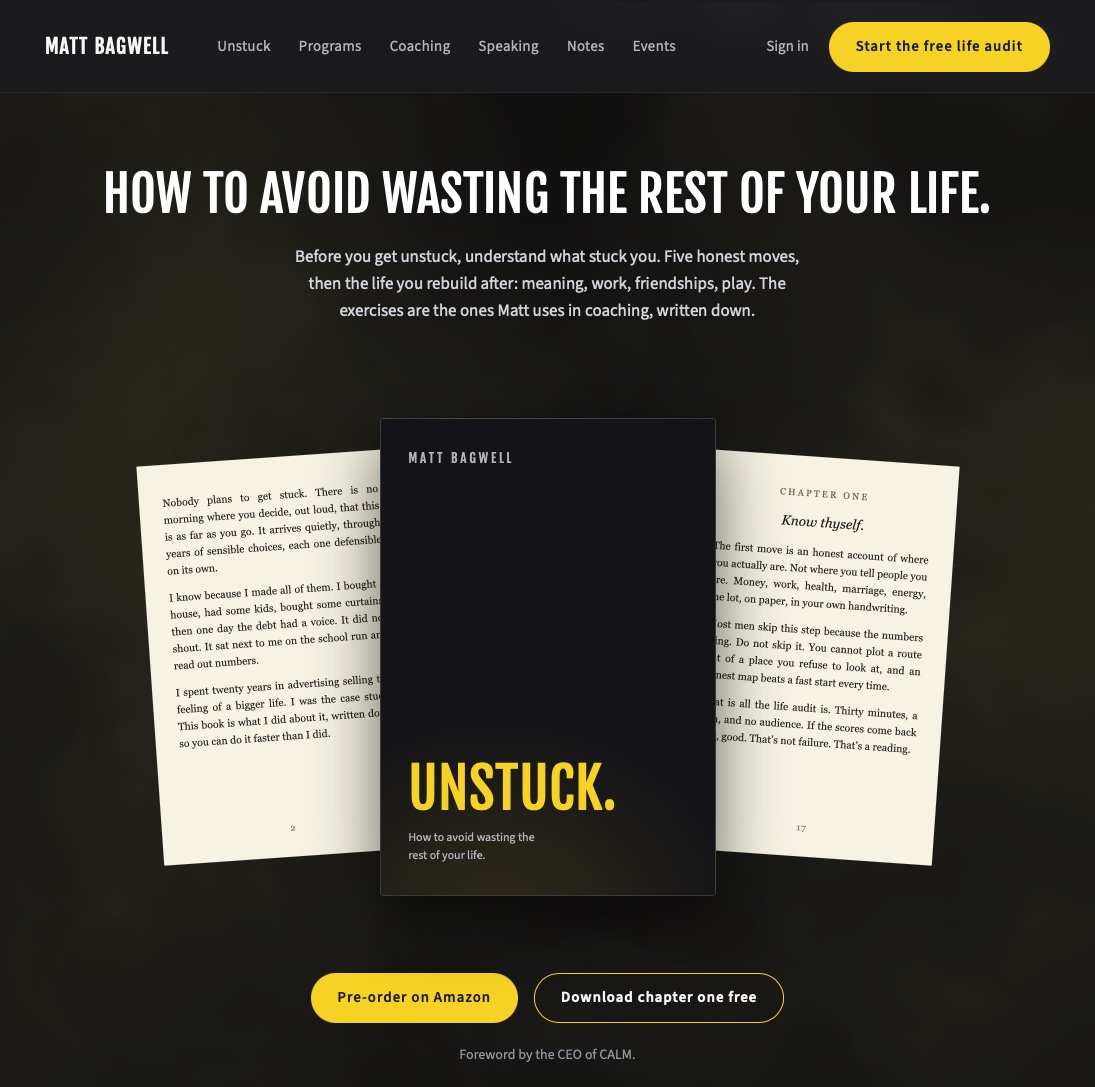 The Unstuck book landing page, with the cover, sample spreads and pre-order links.